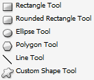 The 6 Shape Tools are the Rectangle Tool, Rounded Rectangle Tool,  Ellipse Tool, Polygon Tool, Line Tool, and Custom Shape Tool.