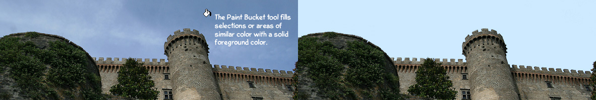 The Paint Bucket tool fills selections or areas of similar color  with one solid foreground color.