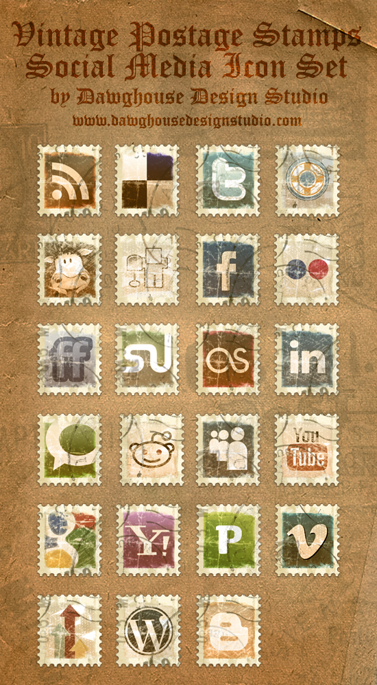 Vintage Postage Stamp Icons by Dawghouse Bộ 23 social icon hình tem đẹp mắt