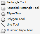 The 6 Shape Tools are the Rectangle Tool, Rounded Rectangle Tool, Ellipse Tool, Polygon Tool, Line Tool, and Custom Shape Tool.